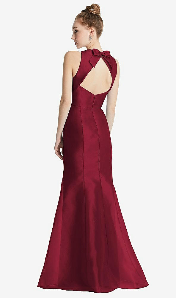Front View - Burgundy Bateau Neck Open-Back Maxi Dress with Bow Detail