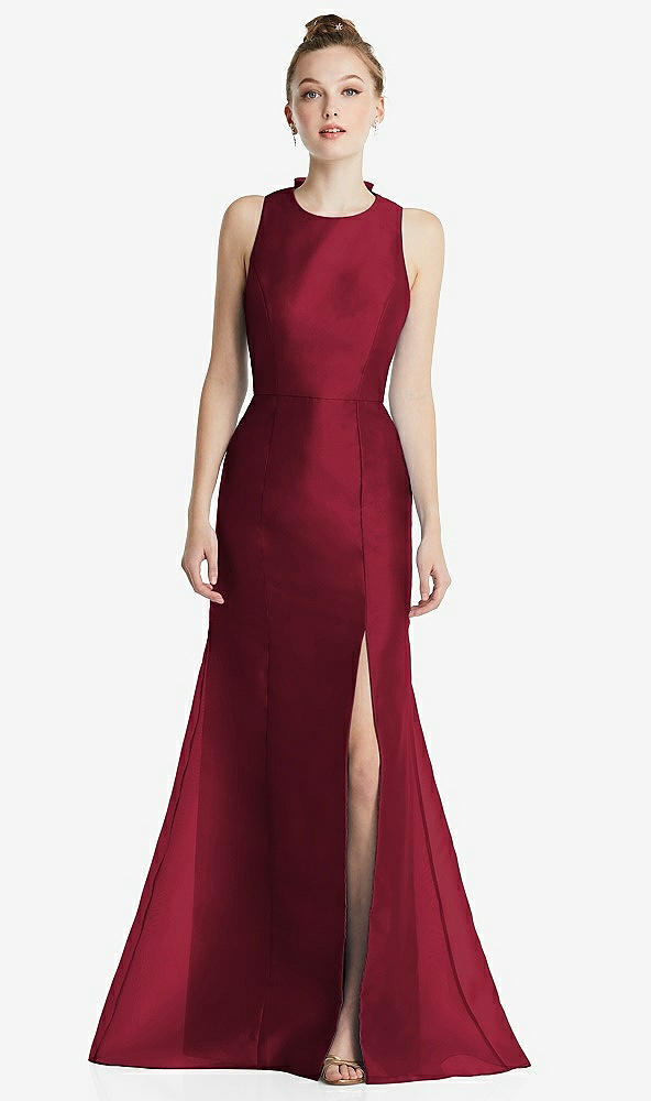 Back View - Burgundy Bateau Neck Open-Back Maxi Dress with Bow Detail