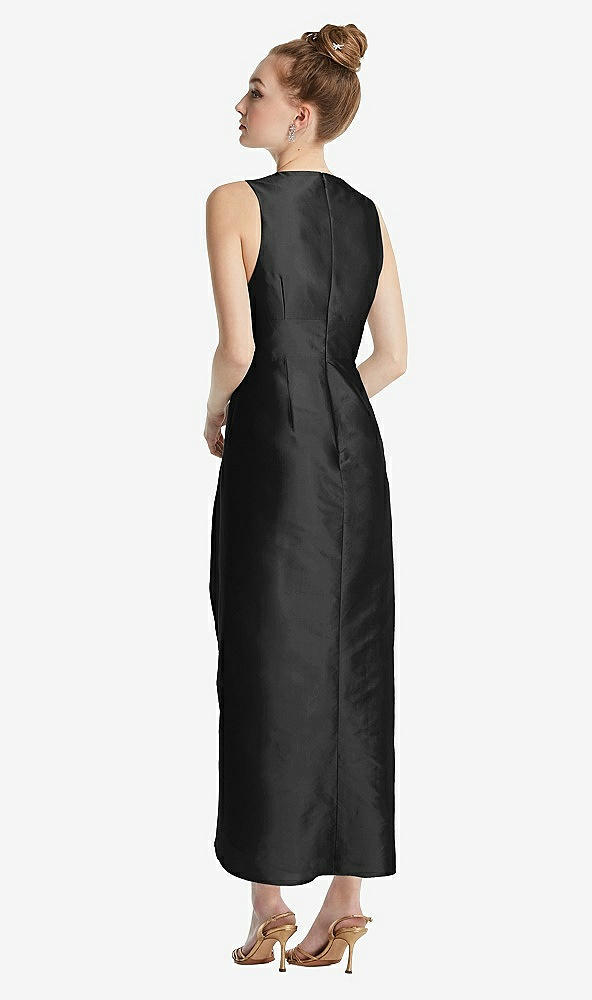 Back View - Black Plunging Neckline Shirred Tulip Skirt Midi Dress