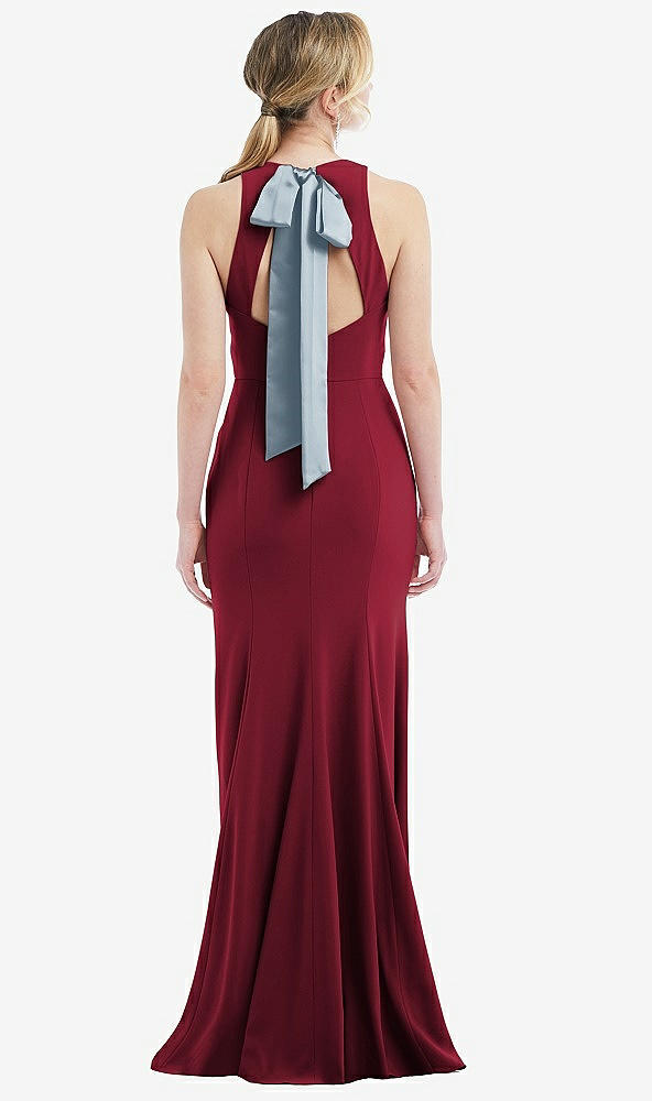 Front View - Burgundy & Mist Cutout Open-Back Halter Maxi Dress with Scarf Tie