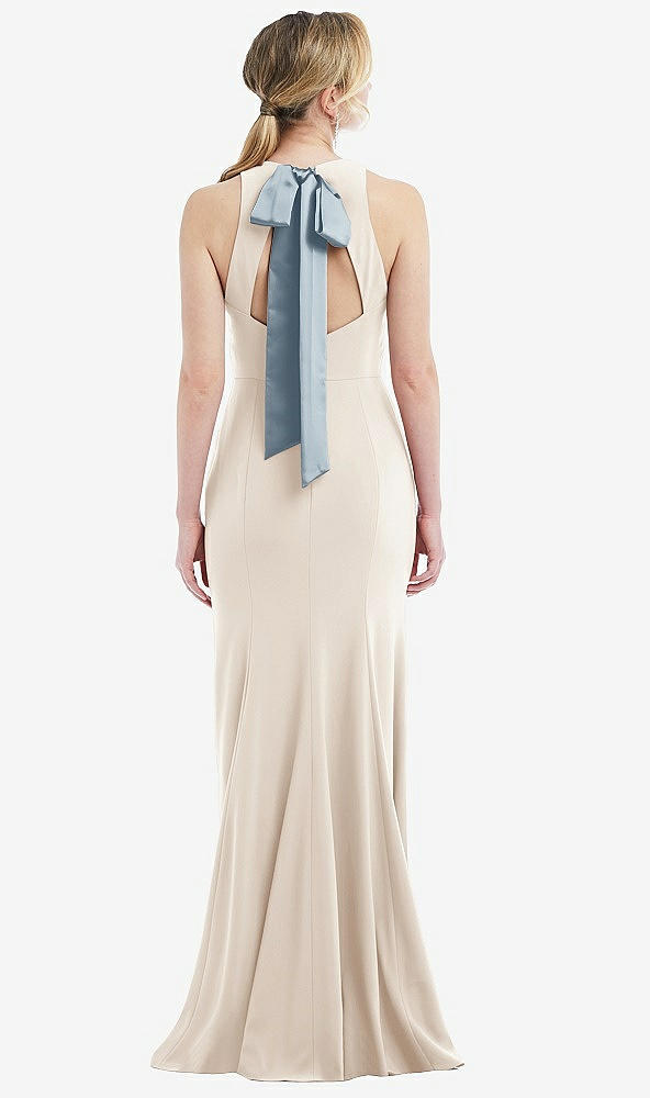 Front View - Oat & Mist Cutout Open-Back Halter Maxi Dress with Scarf Tie
