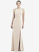 Rear View Thumbnail - Oat & Mist Cutout Open-Back Halter Maxi Dress with Scarf Tie