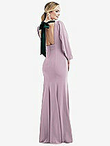 Front View Thumbnail - Suede Rose & Evergreen Bishop Sleeve Open-Back Trumpet Gown with Scarf Tie