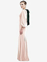 Side View Thumbnail - Blush & Evergreen Bishop Sleeve Open-Back Trumpet Gown with Scarf Tie