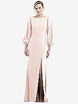 Rear View Thumbnail - Blush & Evergreen Bishop Sleeve Open-Back Trumpet Gown with Scarf Tie
