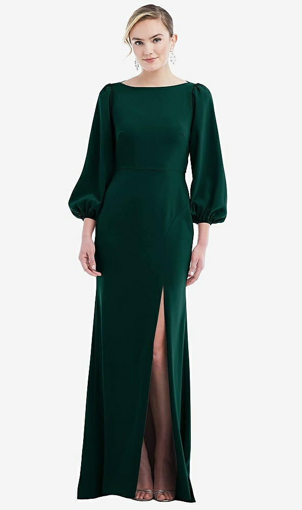 Back View - Evergreen & Evergreen Bishop Sleeve Open-Back Trumpet Gown with Scarf Tie
