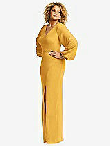 Side View Thumbnail - NYC Yellow Long Puff Sleeve V-Neck Trumpet Gown