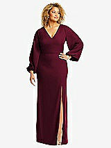 Front View Thumbnail - Cabernet Long Puff Sleeve V-Neck Trumpet Gown