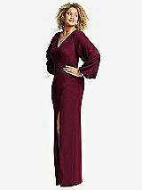Side View Thumbnail - Cabernet Long Puff Sleeve V-Neck Trumpet Gown