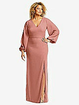 Front View Thumbnail - Desert Rose Long Puff Sleeve V-Neck Trumpet Gown
