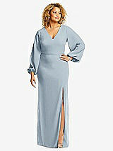 Front View Thumbnail - Mist Long Puff Sleeve V-Neck Trumpet Gown