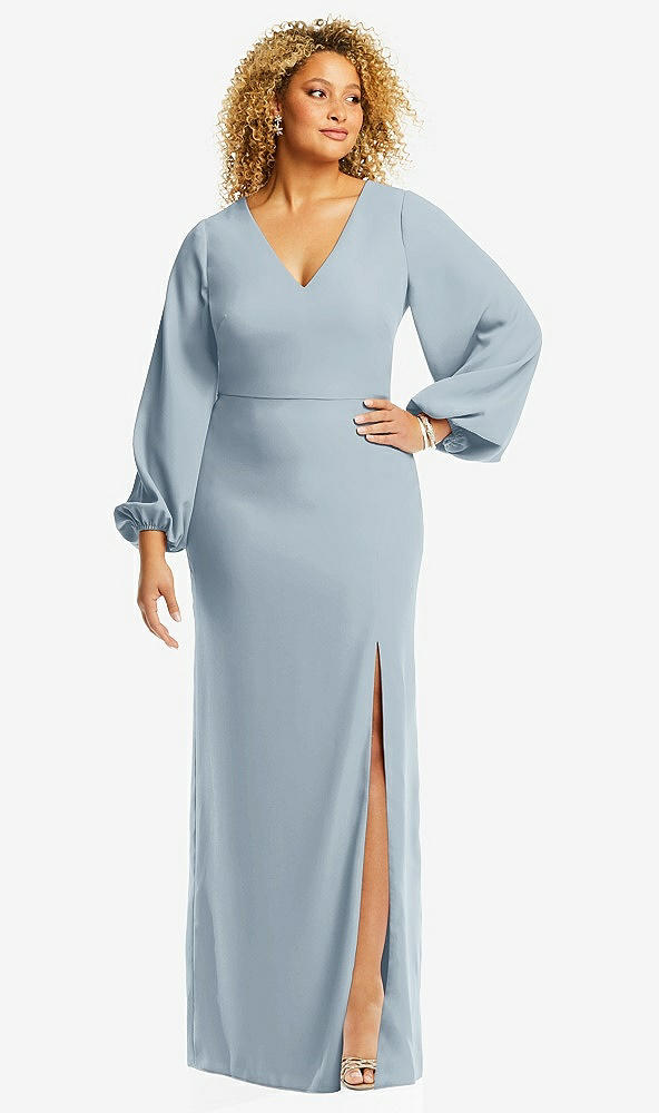 Front View - Mist Long Puff Sleeve V-Neck Trumpet Gown
