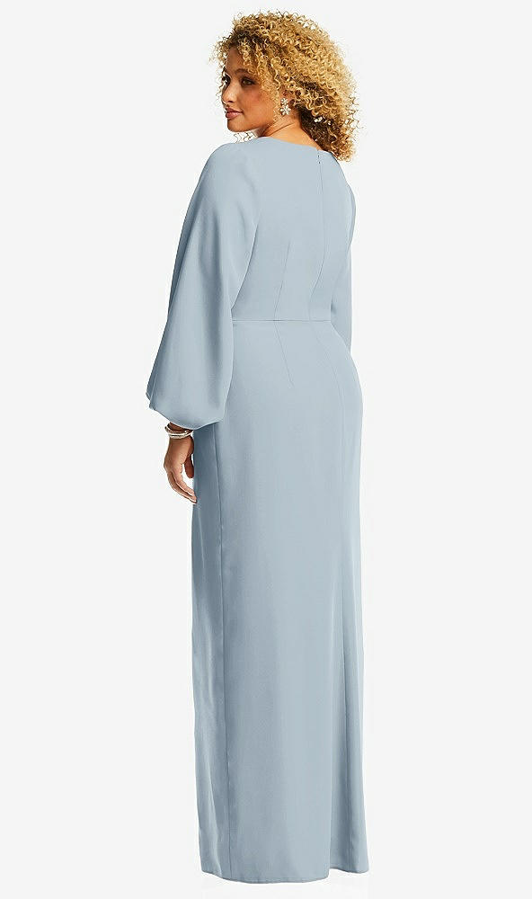 Back View - Mist Long Puff Sleeve V-Neck Trumpet Gown