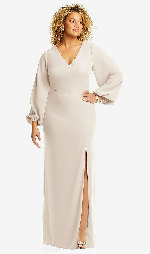 Front View - Oat Long Puff Sleeve V-Neck Trumpet Gown