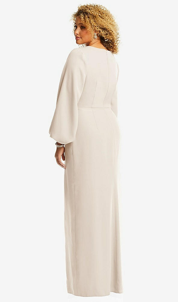 Back View - Oat Long Puff Sleeve V-Neck Trumpet Gown