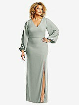 Front View Thumbnail - Willow Green Long Puff Sleeve V-Neck Trumpet Gown