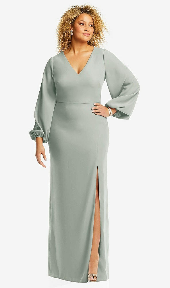 Front View - Willow Green Long Puff Sleeve V-Neck Trumpet Gown