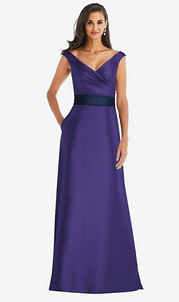 Front View - Grape & Midnight Navy Off-the-Shoulder Draped Wrap Satin Maxi Dress