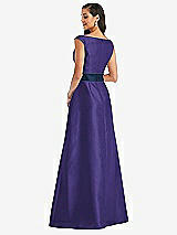Rear View Thumbnail - Grape & Midnight Navy Off-the-Shoulder Draped Wrap Satin Maxi Dress