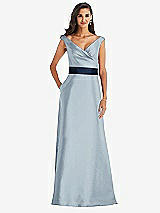 Front View Thumbnail - Mist & Midnight Navy Off-the-Shoulder Draped Wrap Satin Maxi Dress