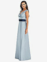 Side View Thumbnail - Mist & Midnight Navy Off-the-Shoulder Draped Wrap Satin Maxi Dress