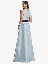 Rear View Thumbnail - Mist & Midnight Navy Off-the-Shoulder Draped Wrap Satin Maxi Dress