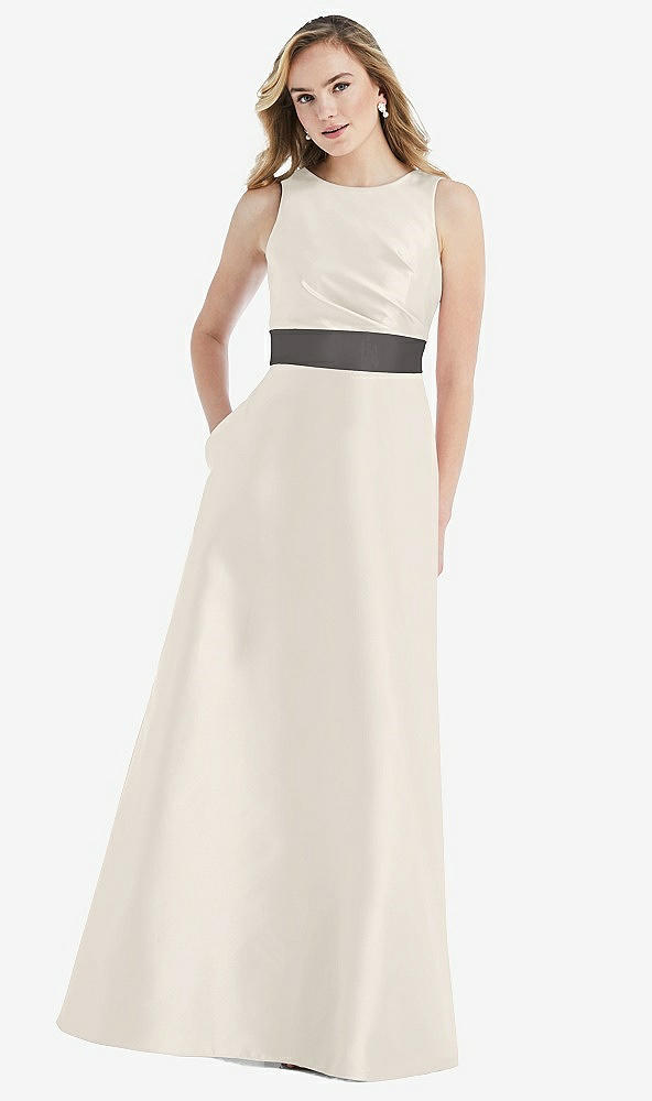 Front View - Ivory & Caviar Gray High-Neck Asymmetrical Shirred Satin Maxi Dress with Pockets