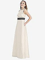 Side View Thumbnail - Ivory & Caviar Gray High-Neck Asymmetrical Shirred Satin Maxi Dress with Pockets