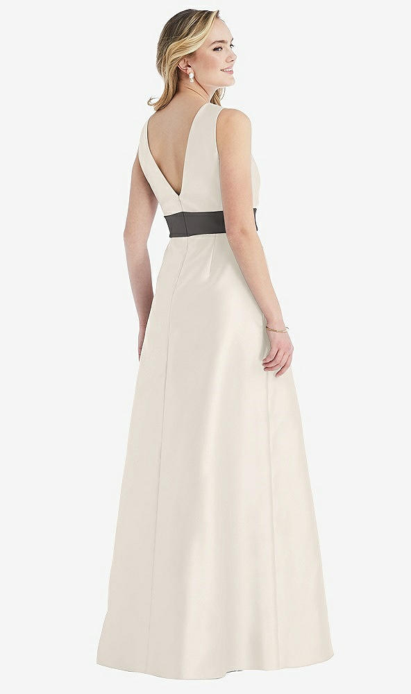 Back View - Ivory & Caviar Gray High-Neck Asymmetrical Shirred Satin Maxi Dress with Pockets
