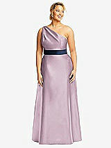 Front View Thumbnail - Suede Rose & Midnight Navy Draped One-Shoulder Satin Maxi Dress with Pockets