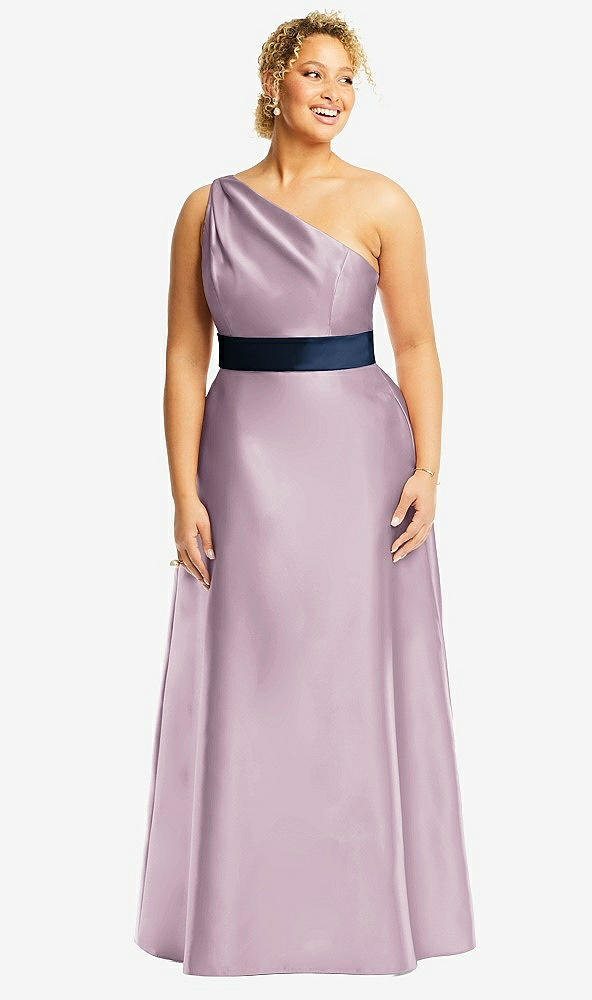 Front View - Suede Rose & Midnight Navy Draped One-Shoulder Satin Maxi Dress with Pockets
