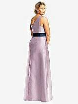Rear View Thumbnail - Suede Rose & Midnight Navy Draped One-Shoulder Satin Maxi Dress with Pockets