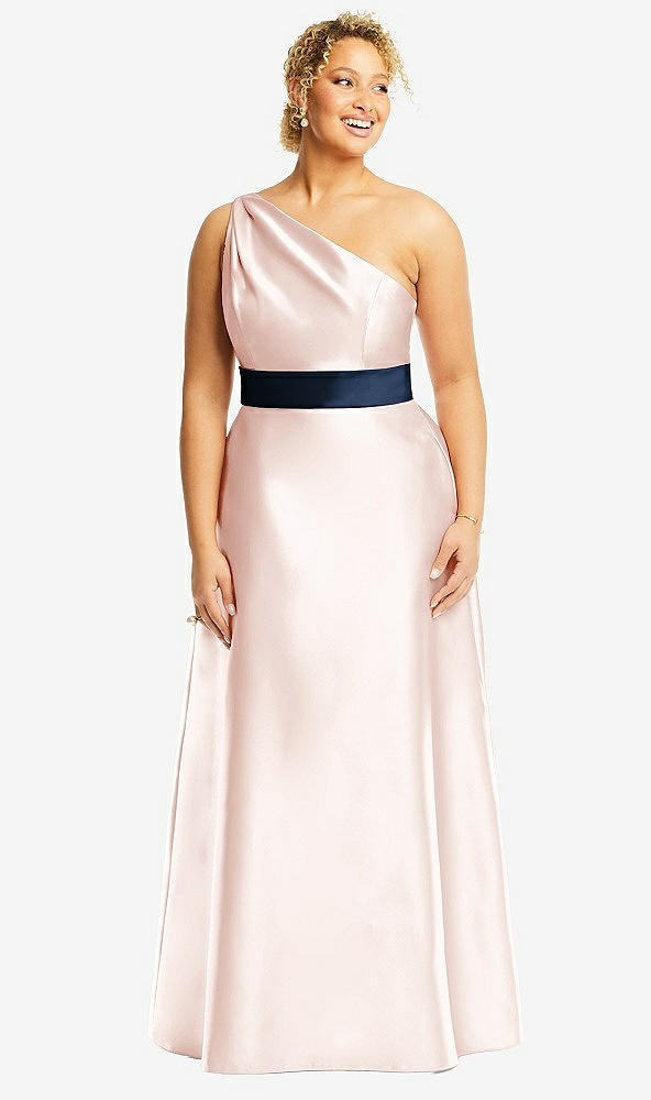Front View - Blush & Midnight Navy Draped One-Shoulder Satin Maxi Dress with Pockets