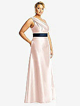 Side View Thumbnail - Blush & Midnight Navy Draped One-Shoulder Satin Maxi Dress with Pockets