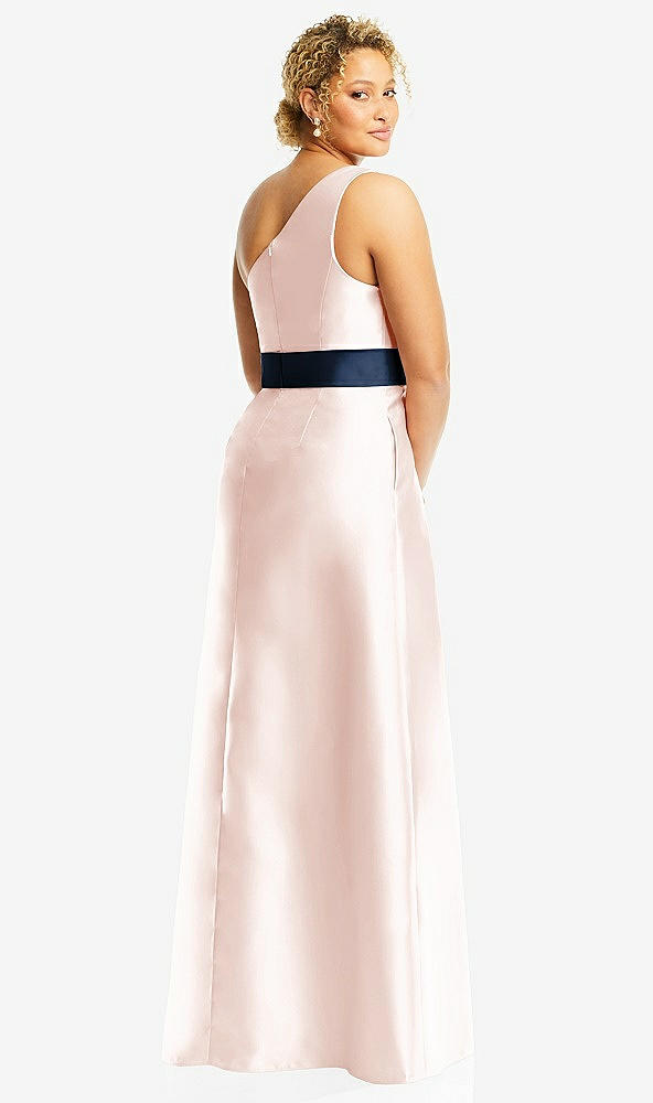 Back View - Blush & Midnight Navy Draped One-Shoulder Satin Maxi Dress with Pockets