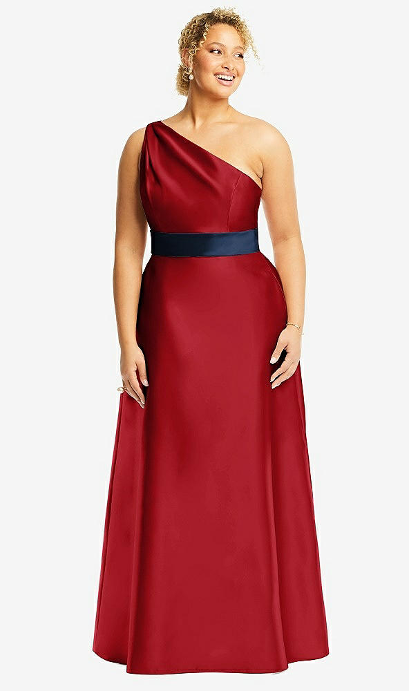 Front View - Garnet & Midnight Navy Draped One-Shoulder Satin Maxi Dress with Pockets