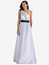 Alt View 1 Thumbnail - Silver Dove & Midnight Navy Draped One-Shoulder Satin Maxi Dress with Pockets