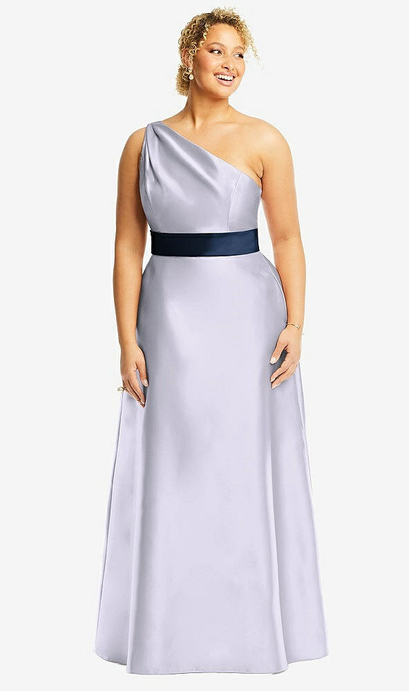 Front View - Silver Dove & Midnight Navy Draped One-Shoulder Satin Maxi Dress with Pockets