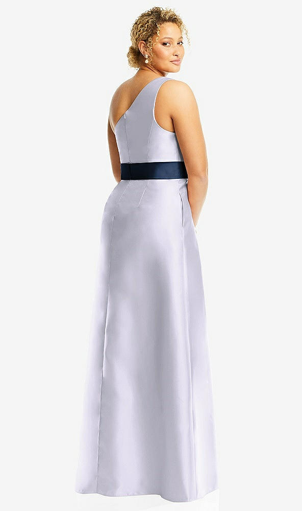 Back View - Silver Dove & Midnight Navy Draped One-Shoulder Satin Maxi Dress with Pockets