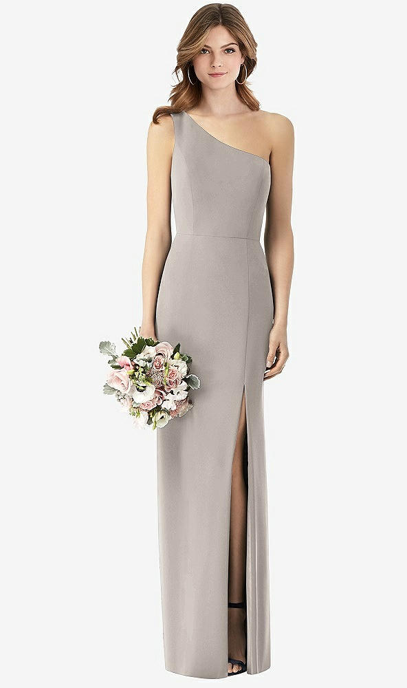 Front View - Taupe One-Shoulder Crepe Trumpet Gown with Front Slit