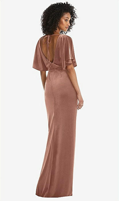 Flutter Sleeve Open-back Velvet Maxi Bridesmaid Dress With Draped