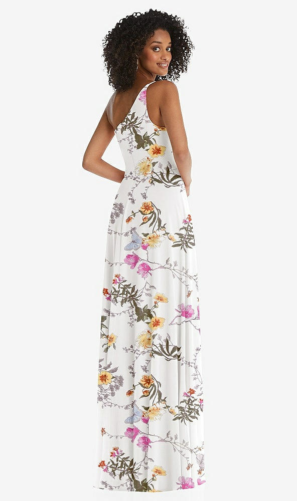 Back View - Butterfly Botanica Ivory One-Shoulder Chiffon Maxi Dress with Shirred Front Slit
