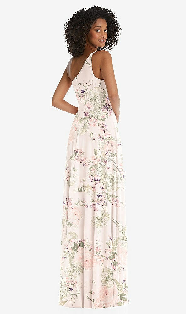 Back View - Blush Garden One-Shoulder Chiffon Maxi Dress with Shirred Front Slit