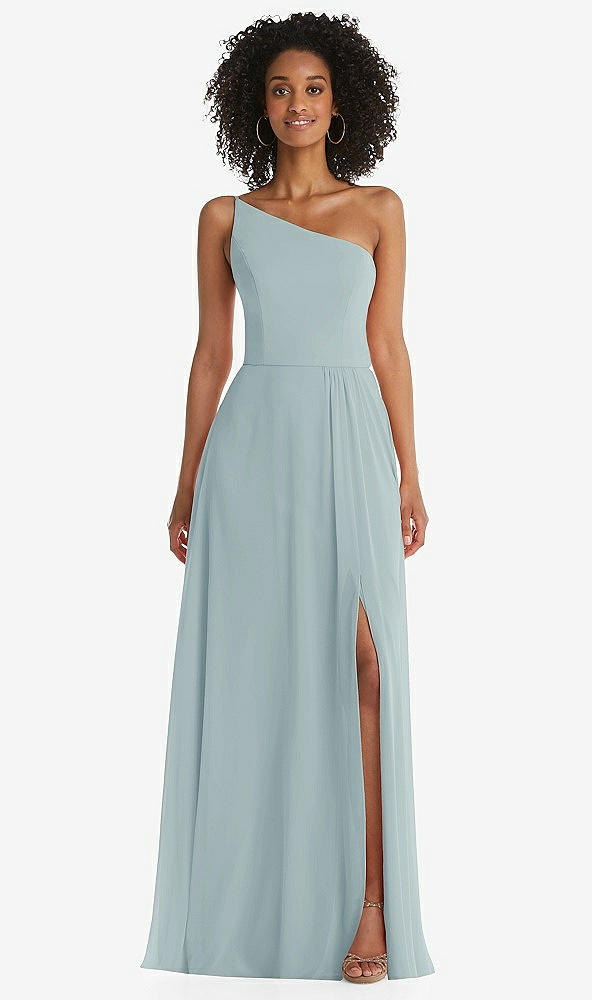 Front View - Morning Sky One-Shoulder Chiffon Maxi Dress with Shirred Front Slit