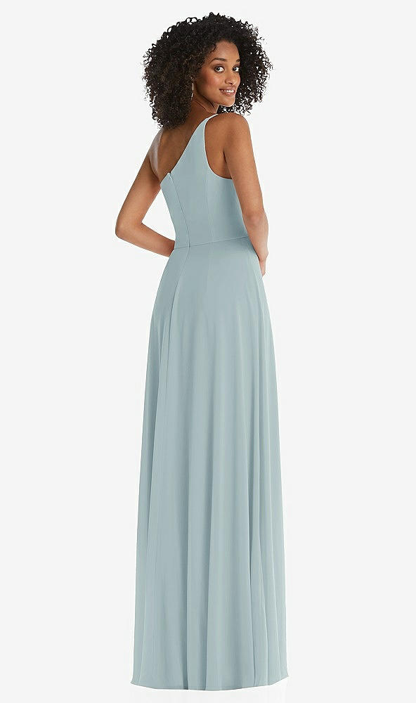 Back View - Morning Sky One-Shoulder Chiffon Maxi Dress with Shirred Front Slit