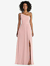 Front View Thumbnail - Rose - PANTONE Rose Quartz One-Shoulder Chiffon Maxi Dress with Shirred Front Slit