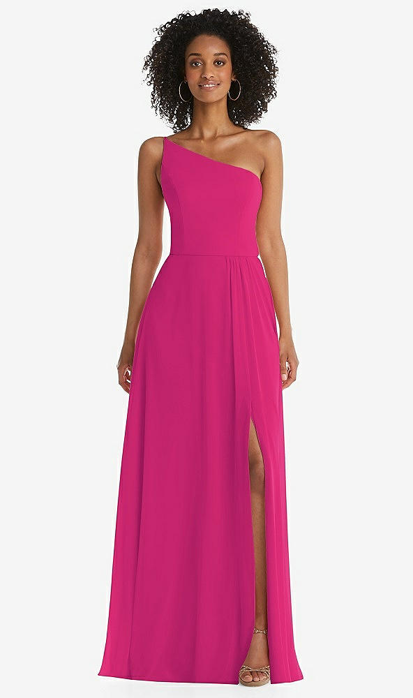 Front View - Think Pink One-Shoulder Chiffon Maxi Dress with Shirred Front Slit