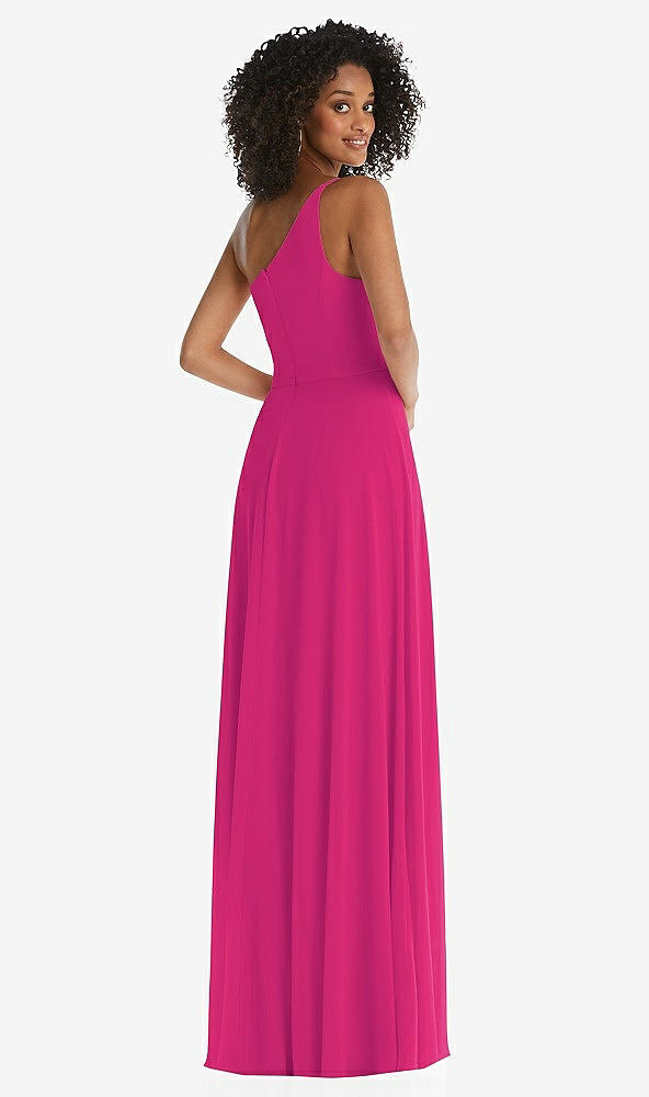 Back View - Think Pink One-Shoulder Chiffon Maxi Dress with Shirred Front Slit