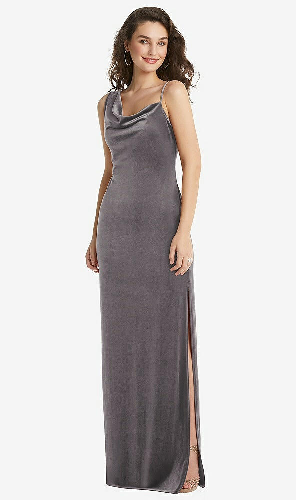 Front View - Caviar Gray Asymmetrical One-Shoulder Velvet Maxi Slip Dress