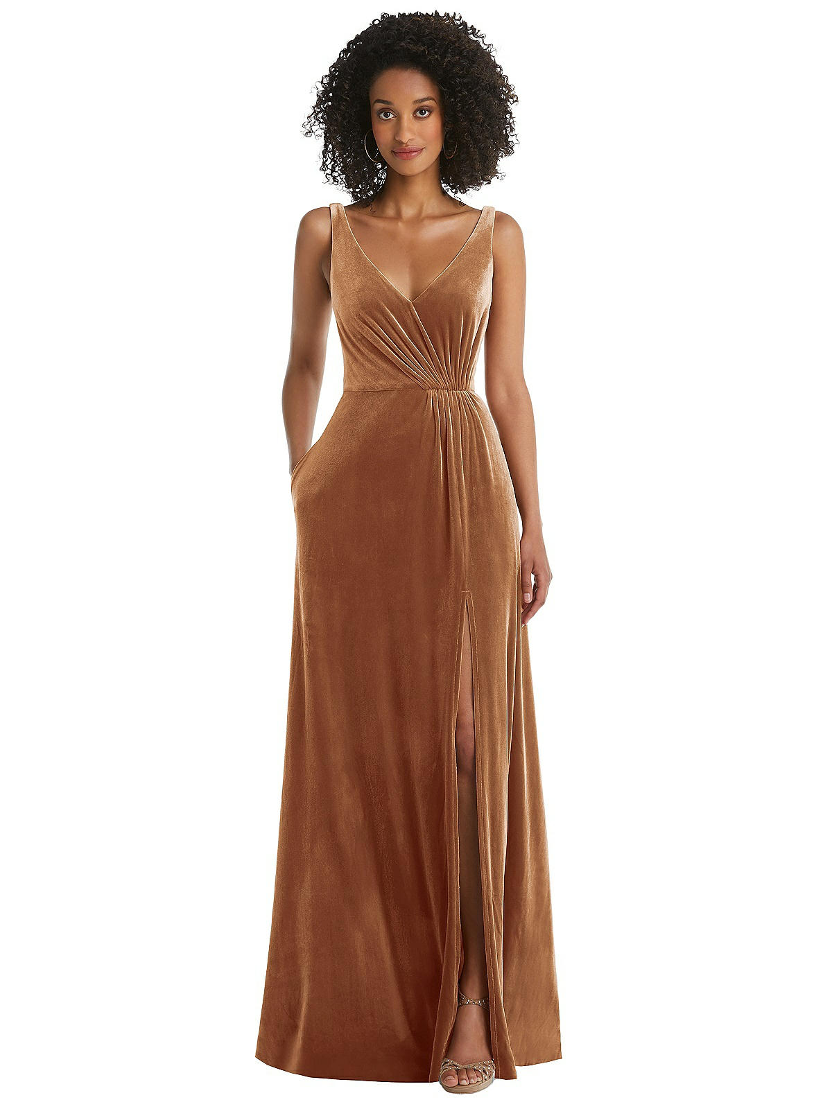 Velvet Maxi Bridesmaid Dress With Shirred Bodice And Front Slit In
